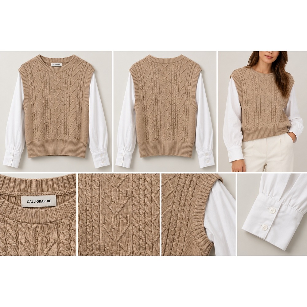 Calligraphie Women's L Cable Knit Sweater Shirt Combo Beige White Layered Top